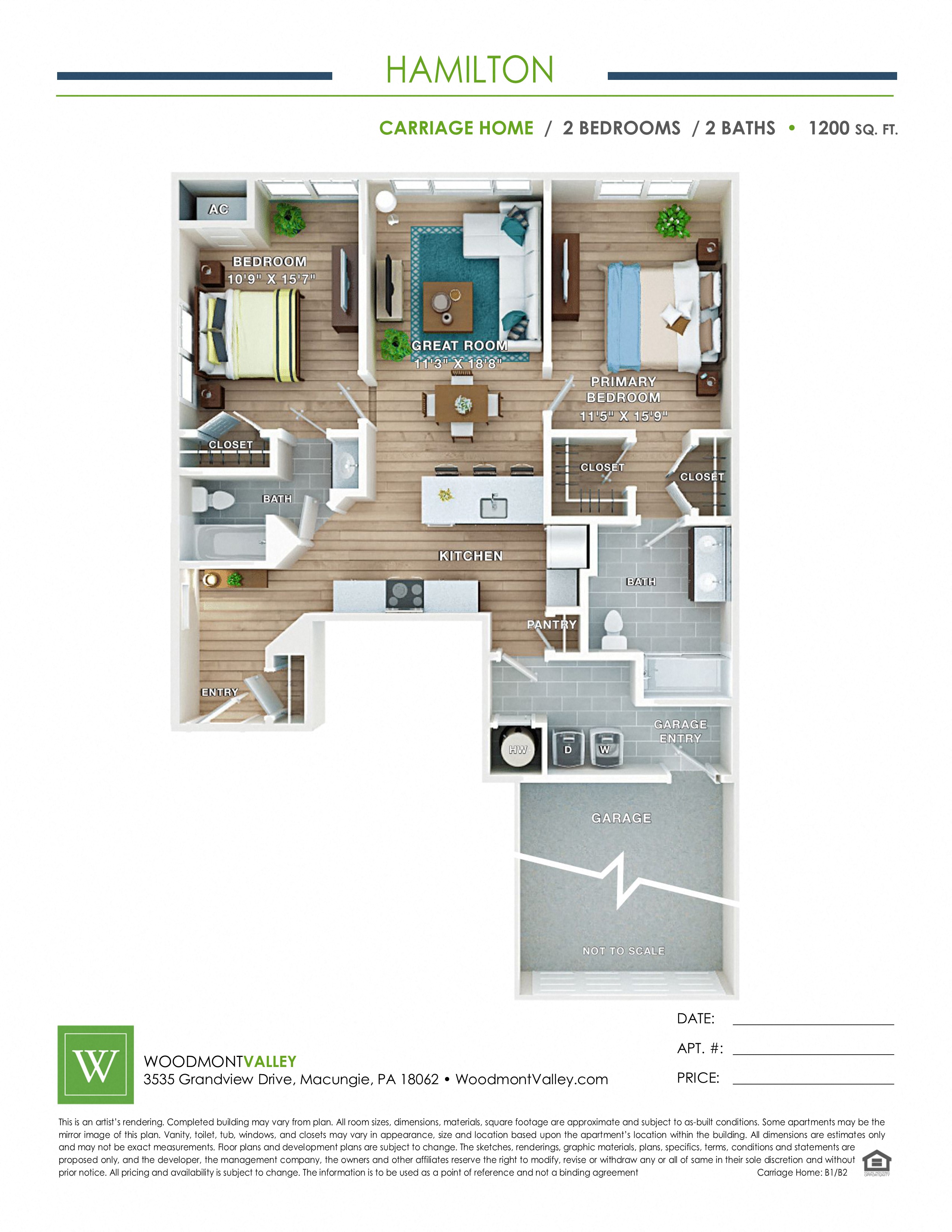 Floor plan for 2 beds, 2 baths, 1200 sqft
